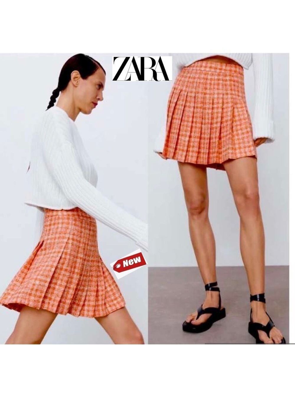 NWT Women ZARA TEXTURED HIGH WAISTED BLOGGERS FAV PLEATED SKIRT S orange white